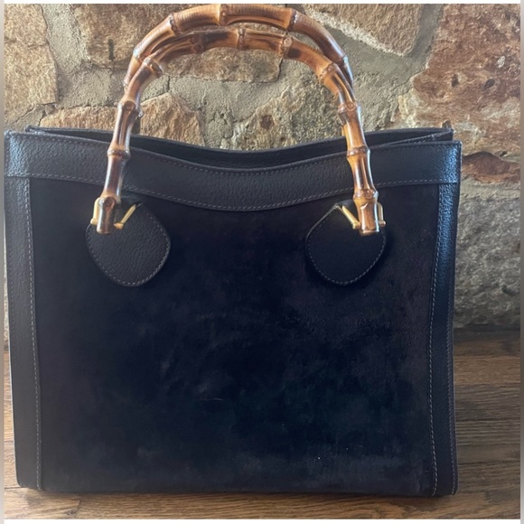 Gucci Handbags - Gucci vintage Navy Suede Tote with Bamboo Handles